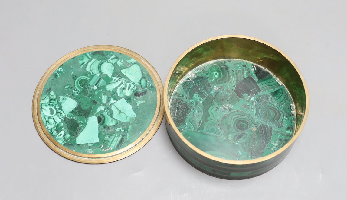 A circular malachite mounted box and cover 12.5cm